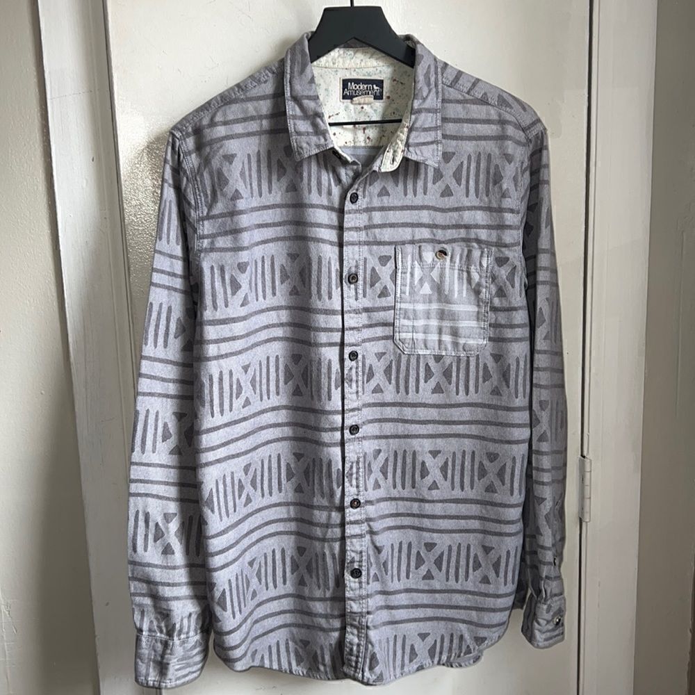MODERN AMUSEMENT Light Grey Geometric Print Flannel Shirt-L